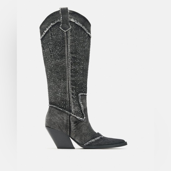 ZARA RHINESTONE DENIM COWBOY BOOTS - Picture 10 of 16